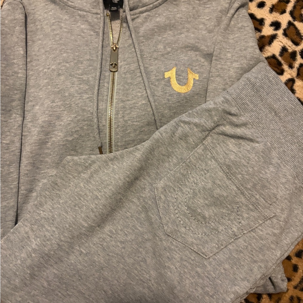 True Religion Heather Gray Hoodie with Gold Emblem